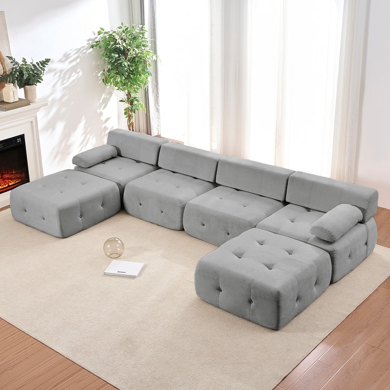 Mixoy Modular 134inch Modular Sectional Sofa with 2 Ottoman,Velvet U-Shaped Couch for Living Room - 133.9"w x 66.9"D x 24.8"H