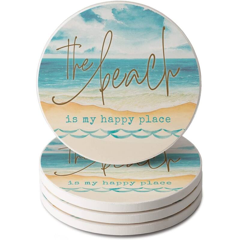 CounterArt My Happy Place Absorbent Stone Tumbled Tile Coaster Set of 4 Made in The USA Protective Cork Backing - Multi