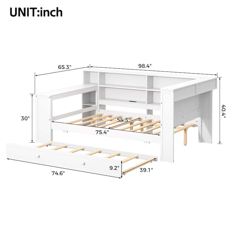 Daybed with Desk & Trundle Storage Bookcase Daybed with Socket and LED