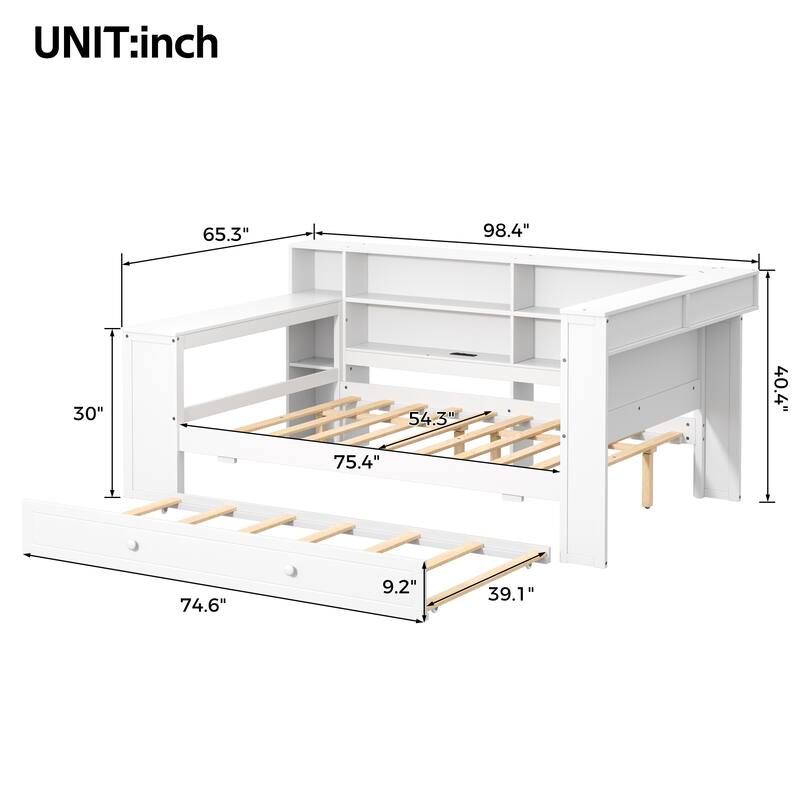 GDFStudio - Modern Wooden Platform Bed with Trundle, Storage Shelves, Desk, LED and Upholstered Headboard