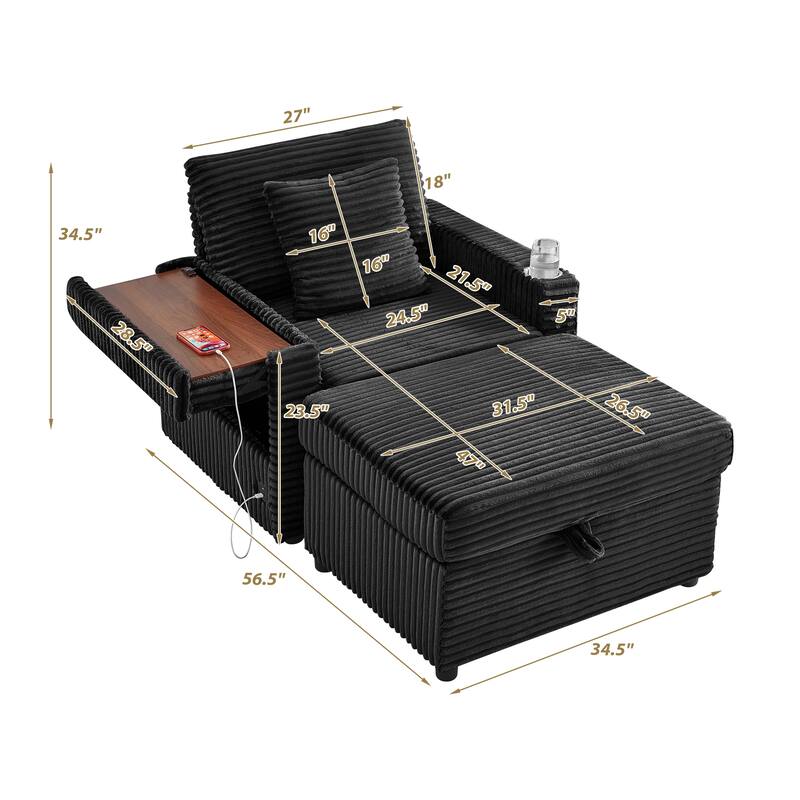 Fluffy Corduroy Lazy Sofa Chaise Lounge with Accent Chair, Storage Ottoman, Folding Table Board, Cup Holder and USB