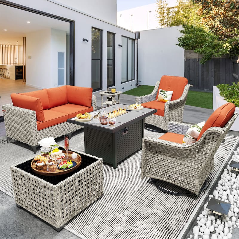OVIOS 7 Pieces Outdoor Wicker Furniture Set With Solar-Powered Coffee Table&Fire Pit - Pit Orange/Red