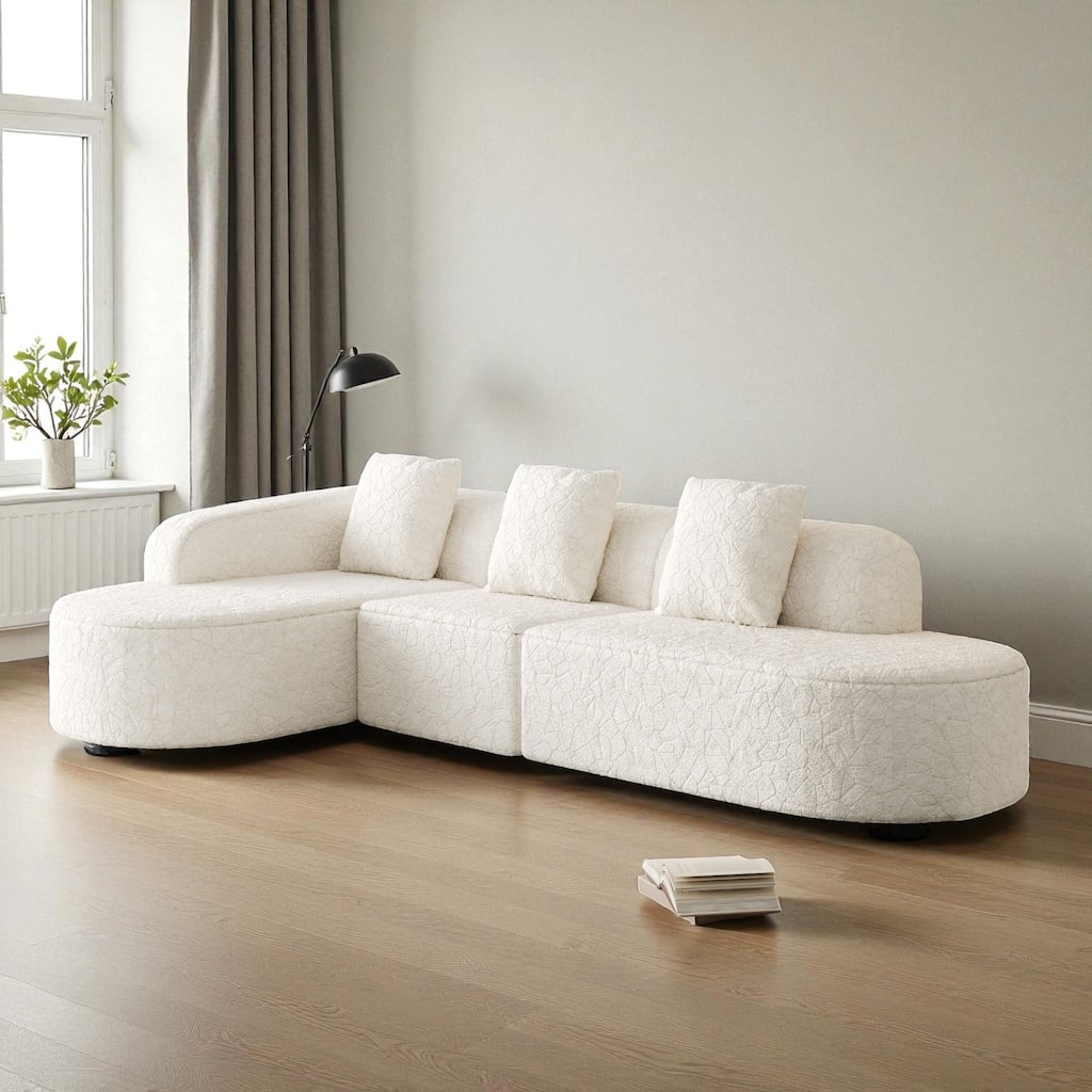 111.8" Modern Curved Modular Sectional Sofa Upholstered in Lychee-Textured Long-Pile Polyester with 3 Pillows for Living Room