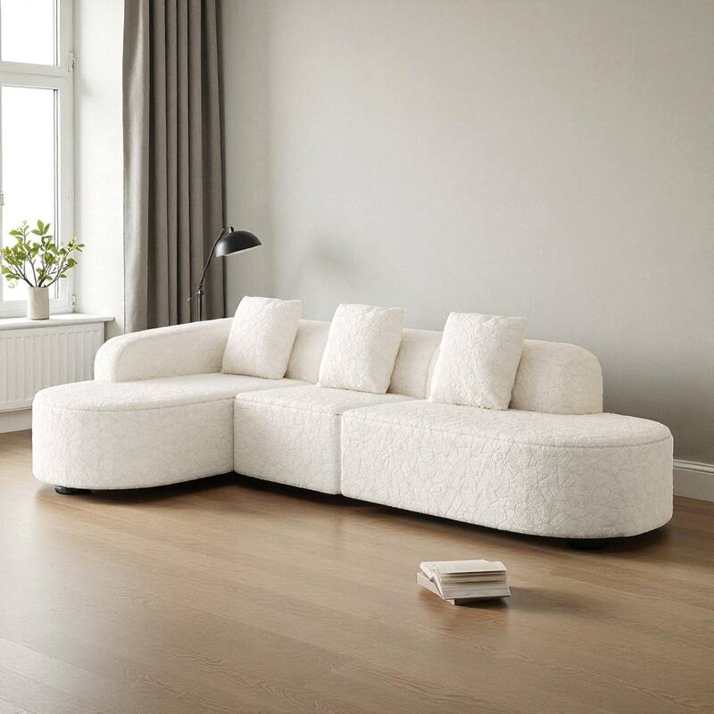 111.8" Modern Curved Modular Sectional Sofa Upholstered in Lychee-Textured Long-Pile Polyester with 3 Pillows for Living Room - White