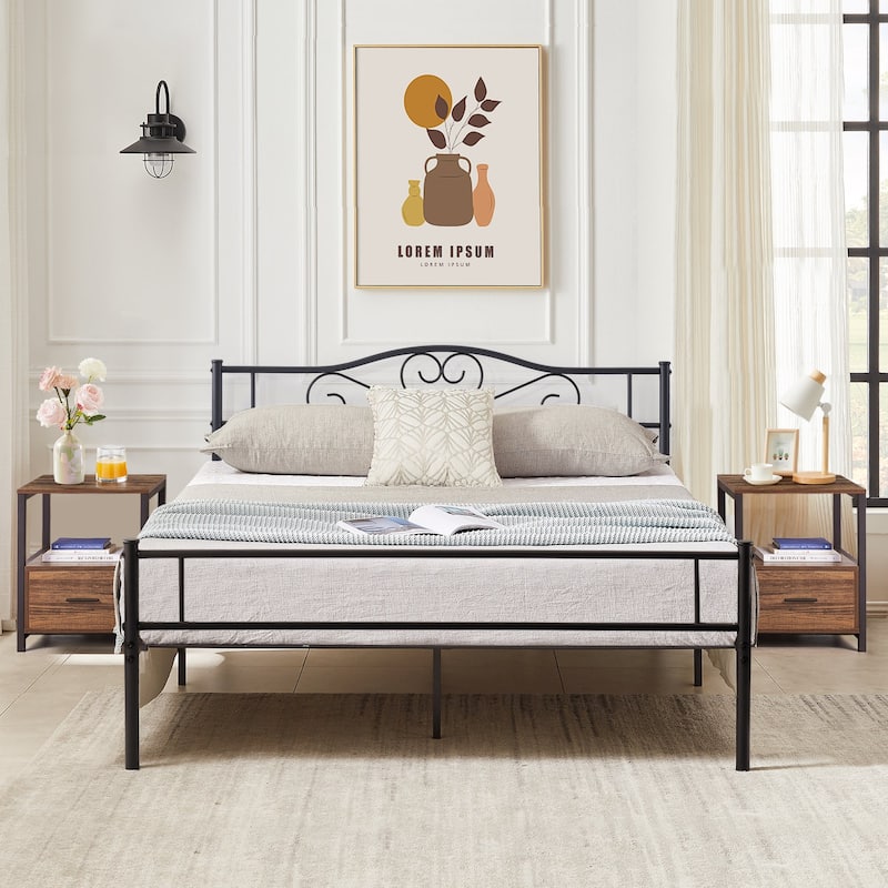 VECELO Industrial 3-Piece Bedroom Set Black Platform Bed Frame and Modern Nightstand Set of 2