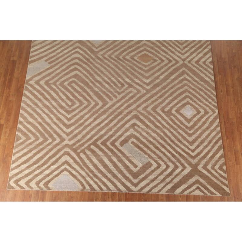 Geometric Modern Area Rug Hand-Knotted Oriental Wool Carpet - 8'11" x 11'8"
