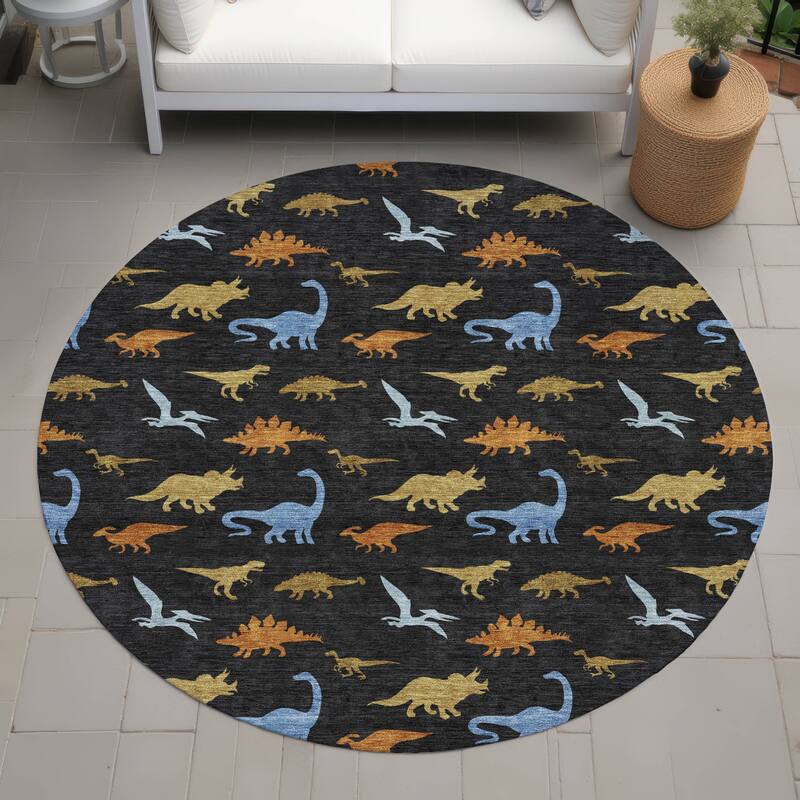 Machine Washable Indoor/ Outdoor Modern Dinosaur Chantille Rug - Black - 8' x 8'