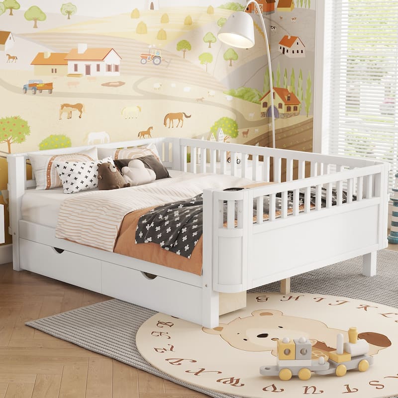 GDF Studio - Willow Kids Full Size Wood Platform Bed with Rails, Low Profile Design, and Storage Drawers