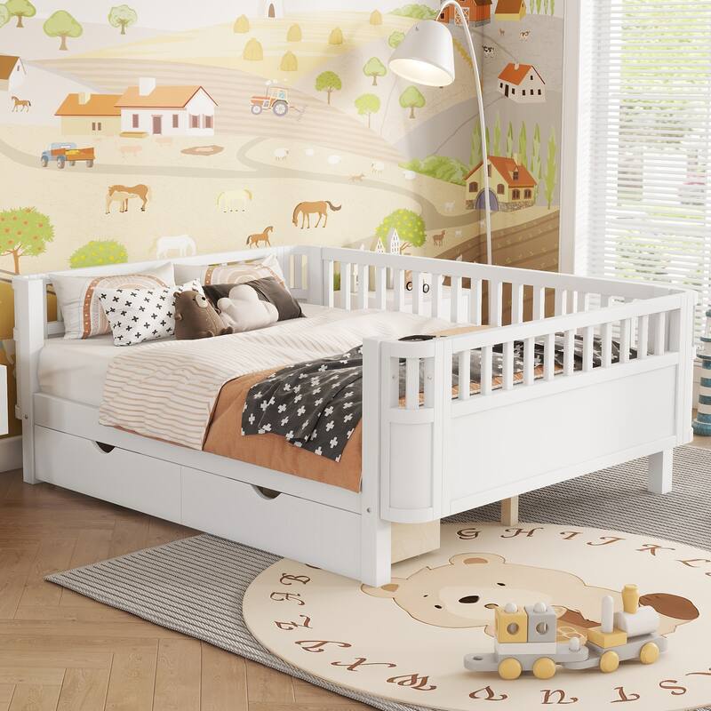Wooden Kids Bed with 2 Storage Drawers, Guardrails and Removable Side Rail, Rounded Corners Frame Montessori Bed, Toddler Bed