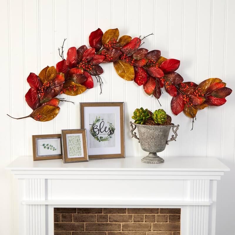 6’ x 12" Magnolia Leaves with Berries Artificial Fall Harvest Garland, Unlit