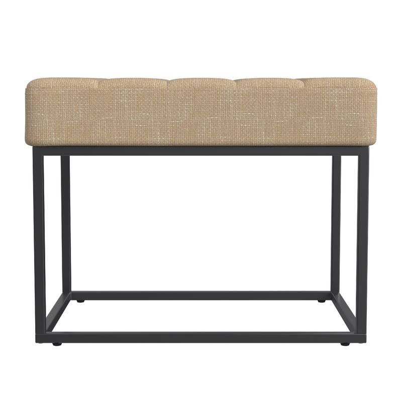 Kai Ottoman Footstool, Light Brown Woven Fabric, Black Metal, 22 Inch