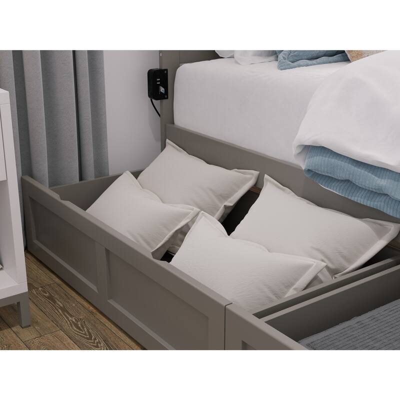 Twin Bed with Drawers & Charging Station - Grey Platform Bed Frame, No Box Spring Needed