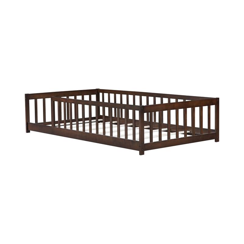 Roomfitters Twin Rubber Wood Floor Bed with Fence, Safety Guardrails, Low Profile Platform Design