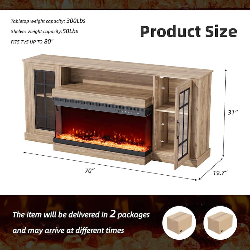 70" Fireplace TV Stand with 3-Sided Glass, ETL Certified, 12 Flame Colors, Realistic Ember Bed, Accommodates TVs up to 80"
