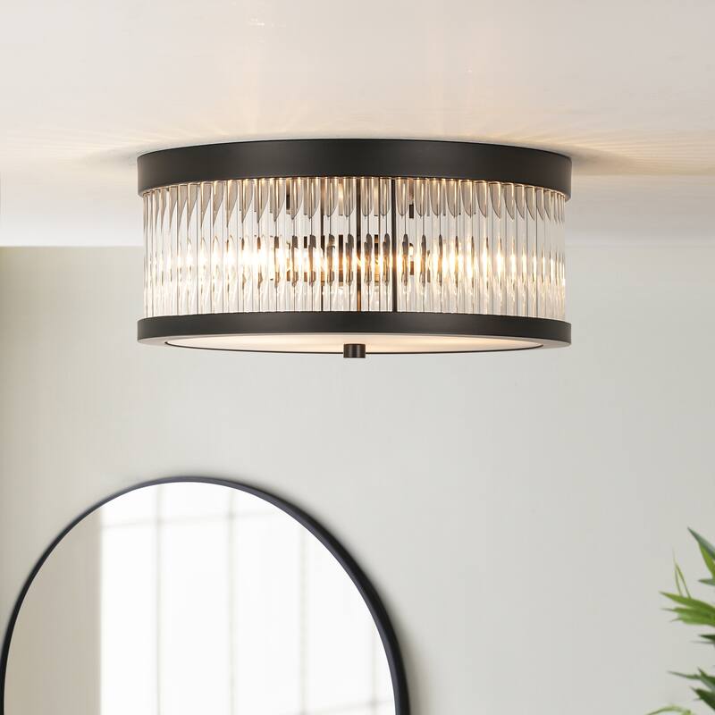 12.20 in. 3-Light Modern Industrial Round Drum Flush Mount Ceiling Light with Clear Glass Rods