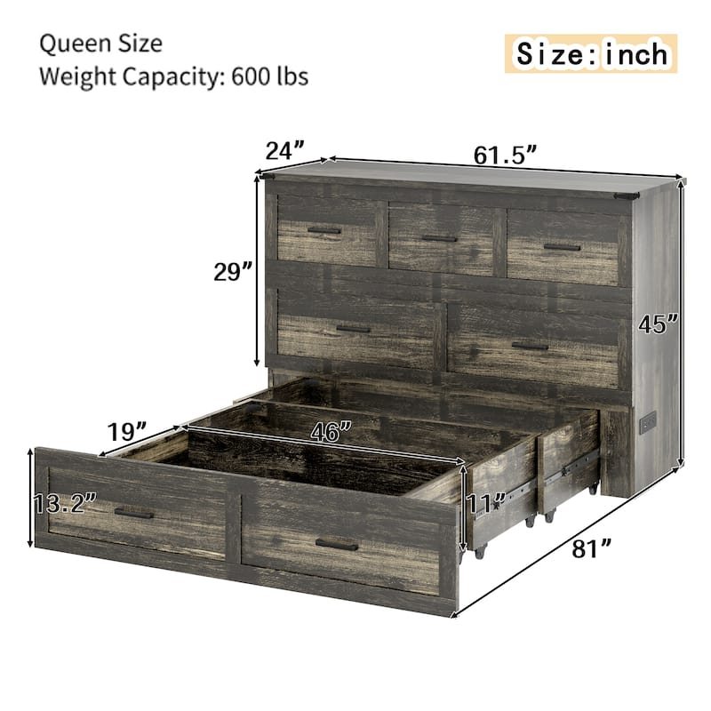 Queen Size Murphy Bed Cabinet with Charging Station, Space-Saving Wall Bed