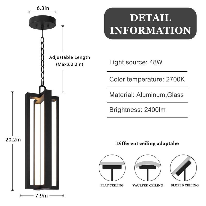 20" Outdoor Pendant Lights LED Black Exterior Ceiling Hanging Lantern - 20.2 inch
