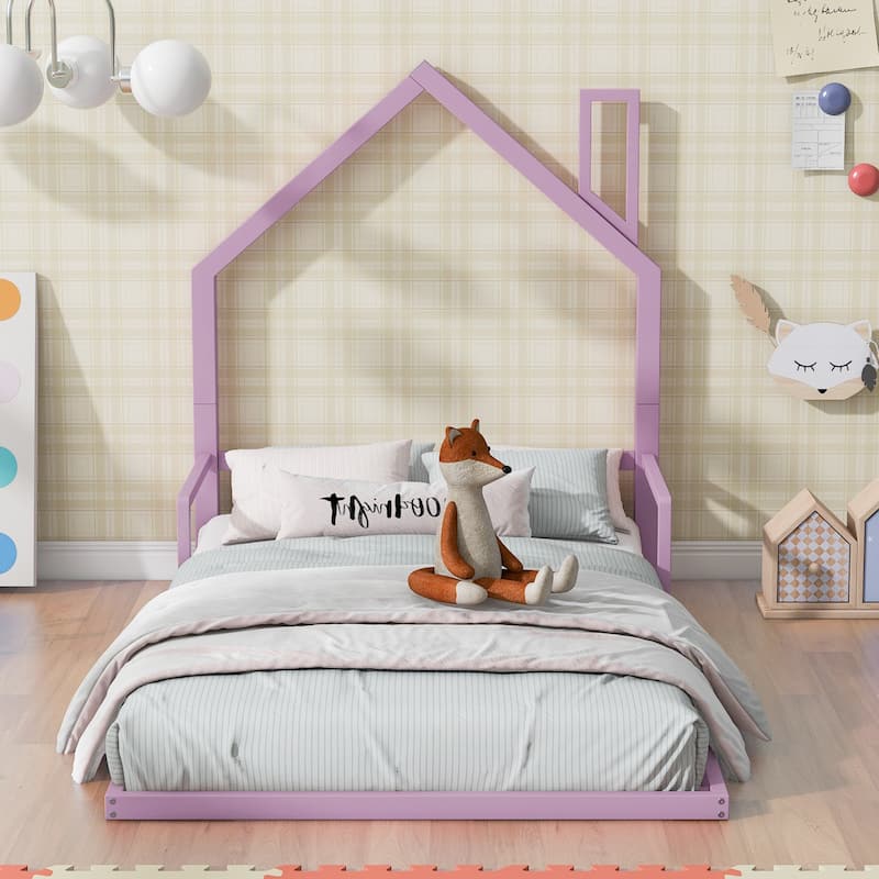 Metal Floor Bed with House-shaped Headboard - Pink