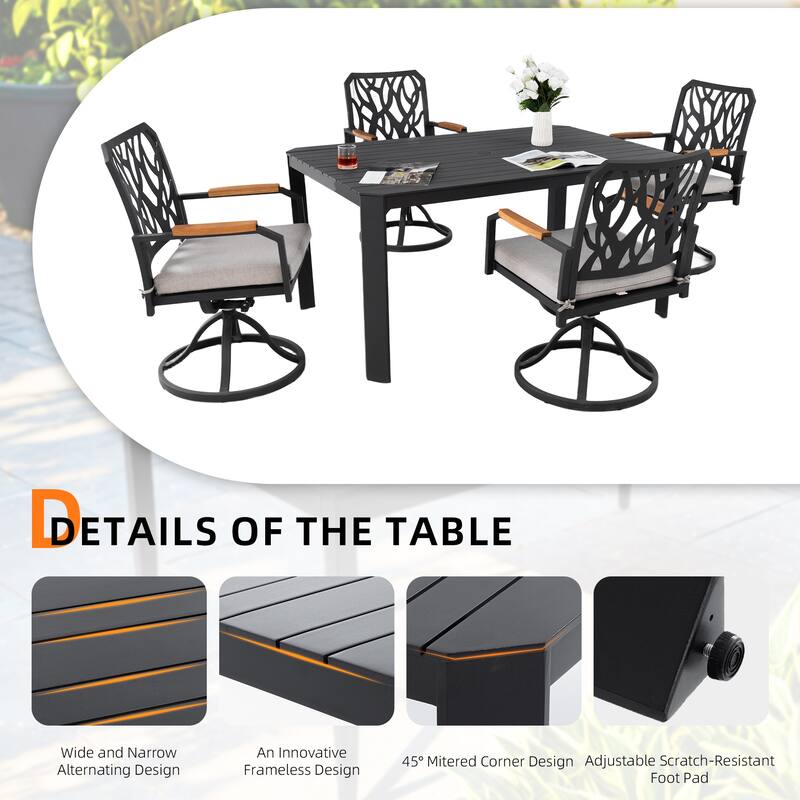 5-Piece Aluminum Dining Set - Rectangular Table and 4 Swivel Rockers, Branch Back, Bourbon Brown - 59" D x 37.4" W x 28.7" H