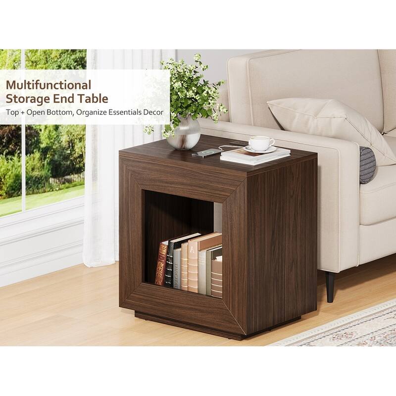 Rustic Wood End Table, 2 Tiered Square Side Table with Storage Shelf, Industrial Sofa Side Table for Living Room