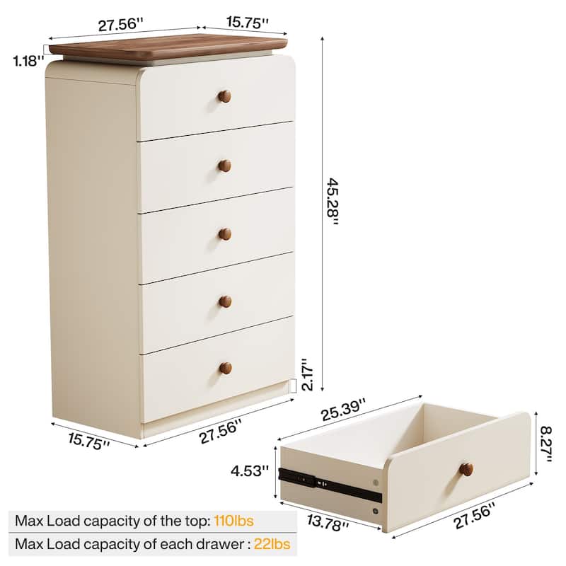 Farmhouse 5 Drawers Chest, 45-Inch Tall White Storage Cabinet