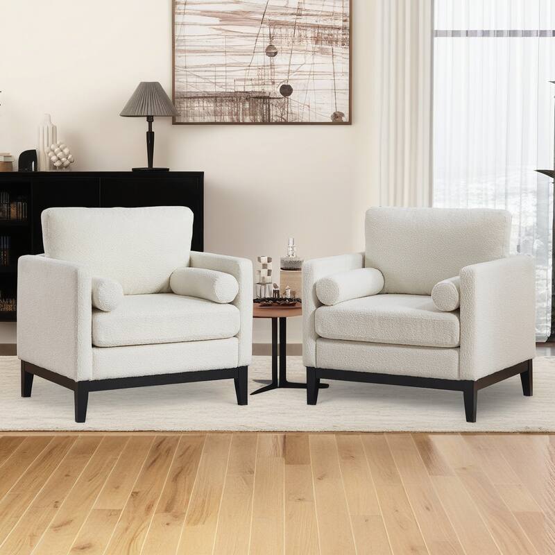 35" Farmhouse Style Boucle Single Sofa Accent Chair with Storage Footstool, Natural Wood Legs for Living Room, Office