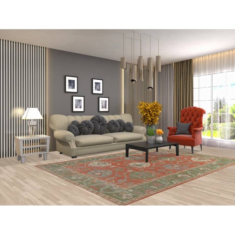 Hand Knotted Oriental 100% Wool Carpet Transitional All-Over Oranges & Rust Oushak Area Rug - 8' 10'' X 6' 1''