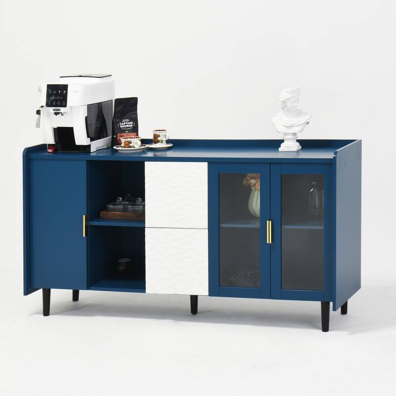 Coffee Bar Cabinet with 2 Drawers, Kitchen Pantry with 2 Glass Doors, Buffet Cabinet with 2 Open Storage Compartment