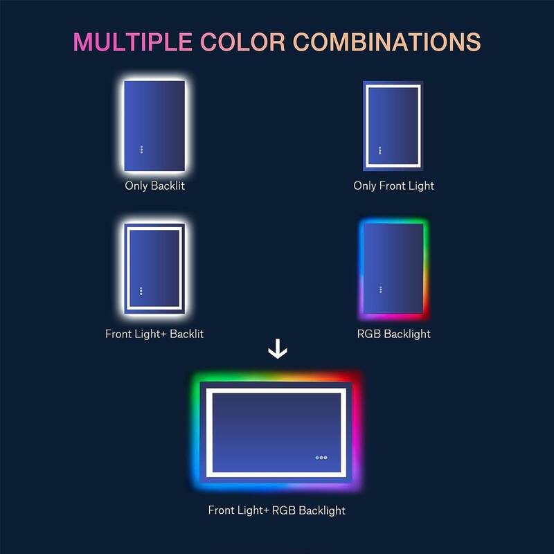 KIOTEE Rectangular LED Frontlit & RGB Backlit Anti-Fog Tempered Glass Bathroom Vanity Mirror with ETL and 3-Year Warranty