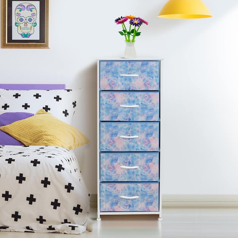 Dresser w/ 5 Drawers Furniture Tall Storage Organizer Unit for Bedroom - Tie-Dye Blue