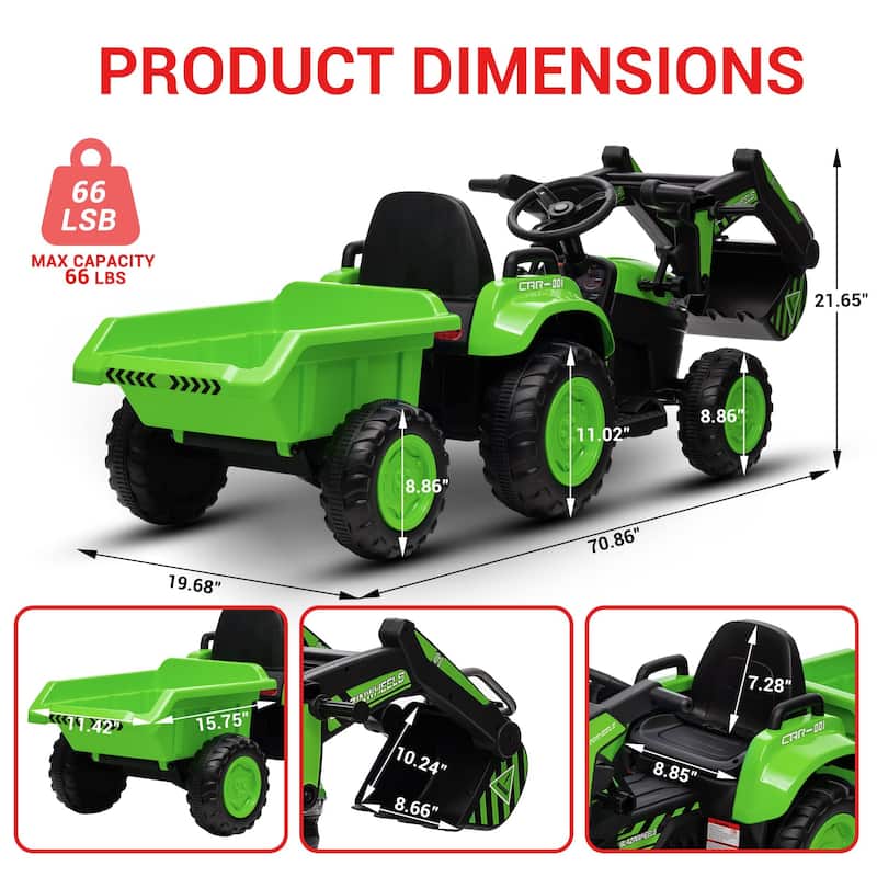Electric Vehicles with Remote Control, Digger, LED Lights, Music, Ride On Car Toy for Kids