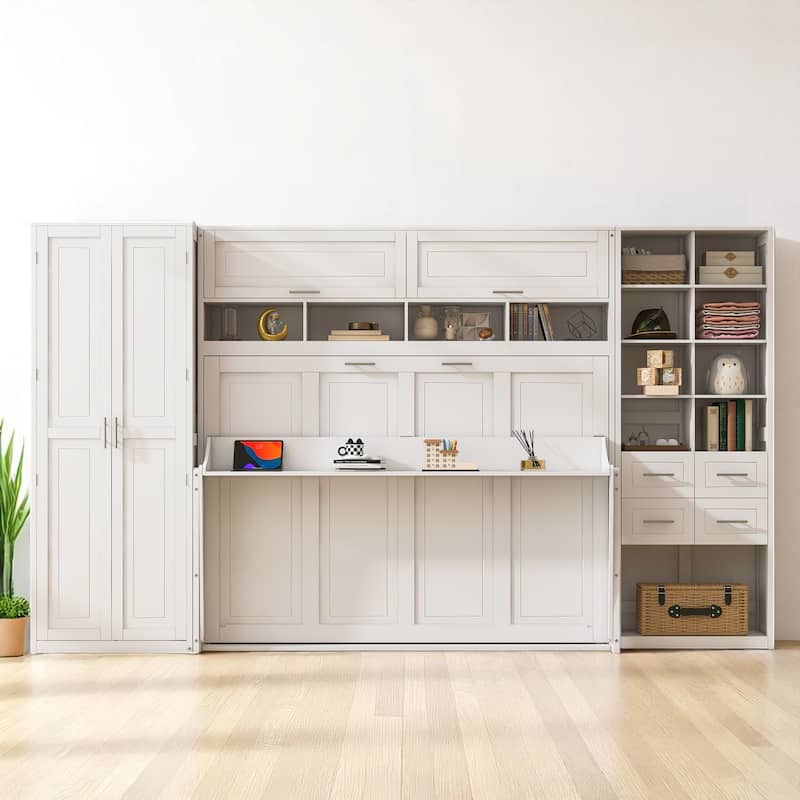 Full Size Murphy Wall Bed with Closet, Drawers & Shelves, Foldable Cabinet Storage, White