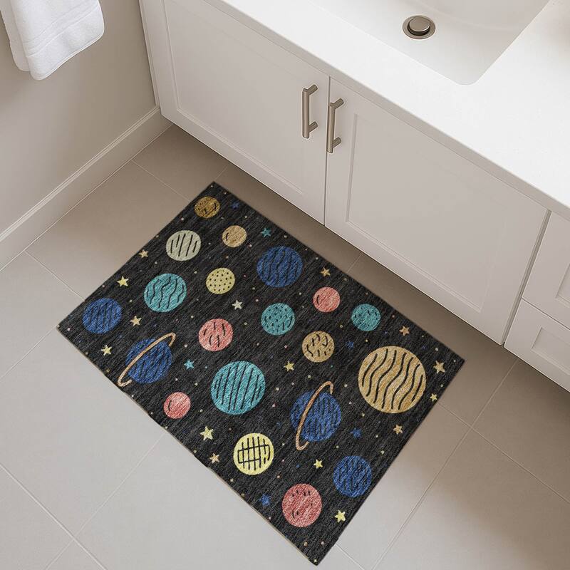 Machine Washable Indoor/ Outdoor Modern Planets Chantille Rug