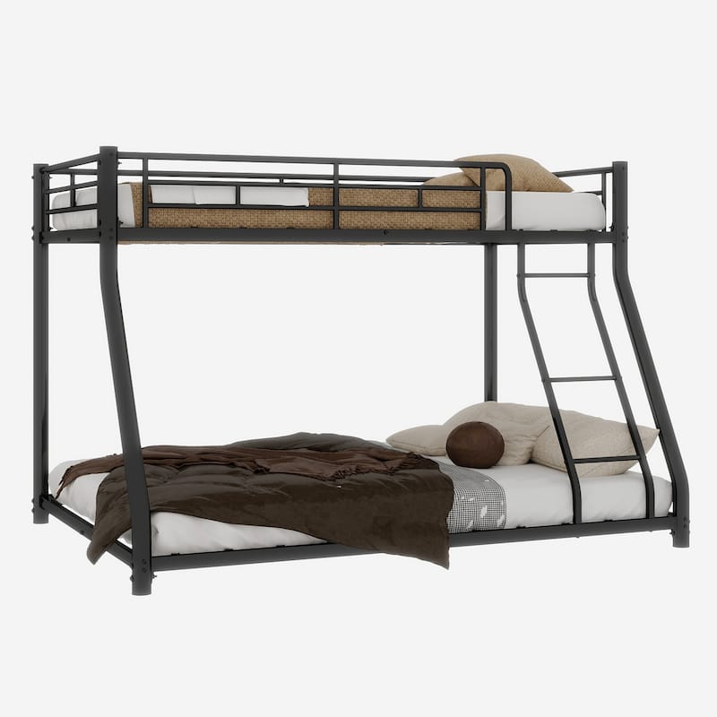 Twin Over Full Metal Bunk Bed, Heavy Duty Metal Bunk Bed Frame, with Ladder & Full-Length Guardrail, Noise Free