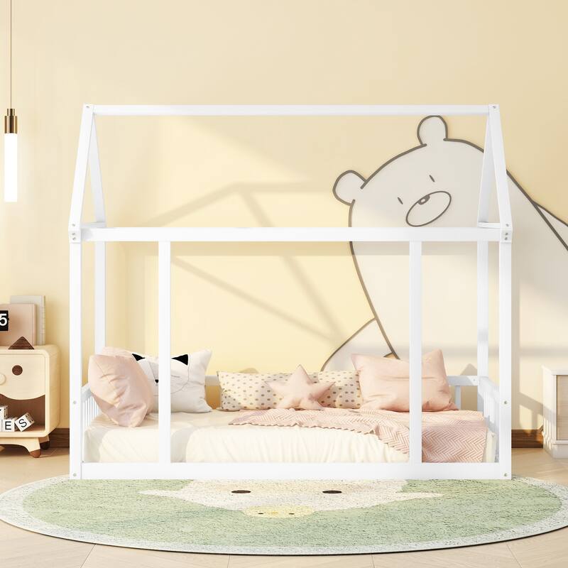 Wooden Bed with House Roof Frame and Safety Guardrails