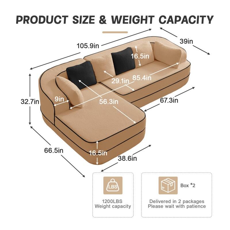 Rossetta 106" Left-Facing Modular L-Shaped Chaise Contrast Color Sectional Teddy Fabric Boneless Sofa