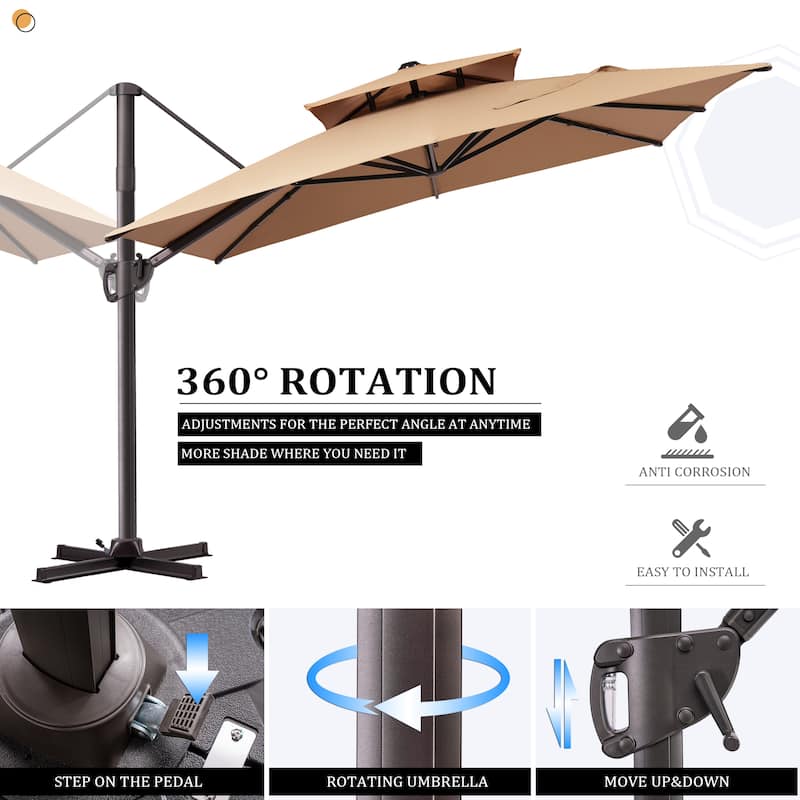 Pellebant 9 x 11 ft Outdoor Patio Cantilever-Offset Umbrella with Weight Base Double Top
