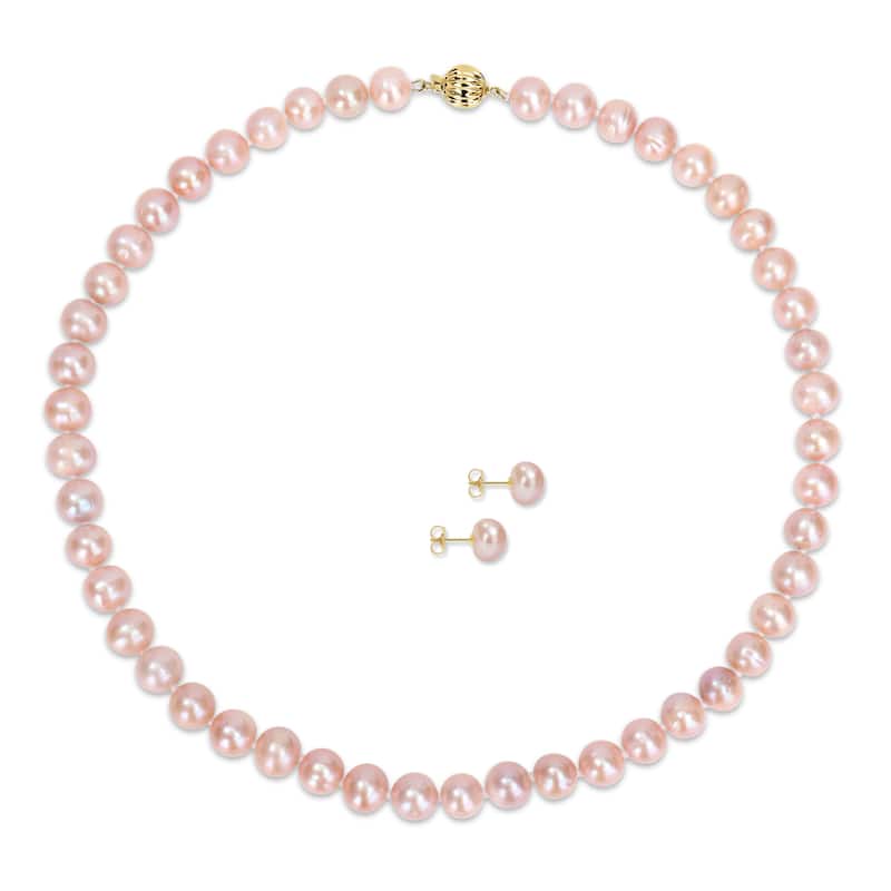 Miadora Freshwater Cultured Pink Pearl Beaded Pearl Necklace and Earrings set in 14k Yellow Gold