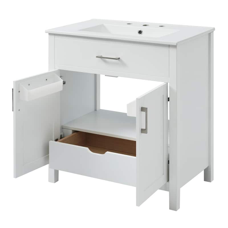 30-Inch Minimalist 2-Door Bathroom Vanity with Ceramic Sink, Bathroom Storage Cabinet with Hidden Drawer