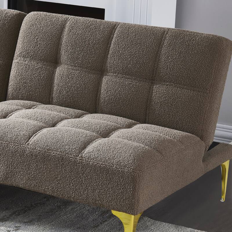 Convertible Sofa Bed Futon with Gold Metal Legs in Teddy Fabric