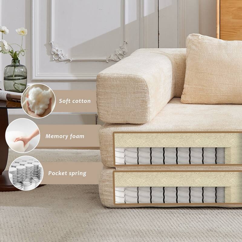 Convertible Floor Sofa Bed - Fixed Frame Chenille Loveseat, Modular Sectional, No Assembly Required