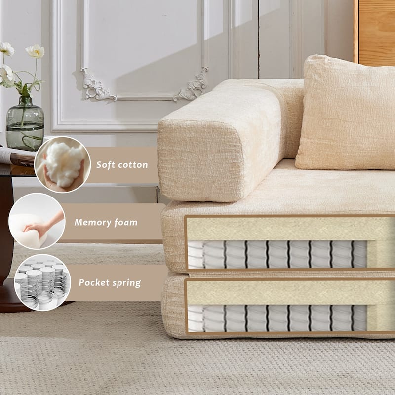 Free Combination Lazy Folding Sectional Sofa Chenille Modular Sleeper Sofa Bed Floor Standing Compression Mattress