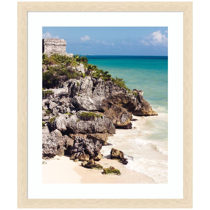 Kate and Laurel Framed Art Tulum Ruins Mexico Seascape by Stephanie Klatt - 22x26 - Natural