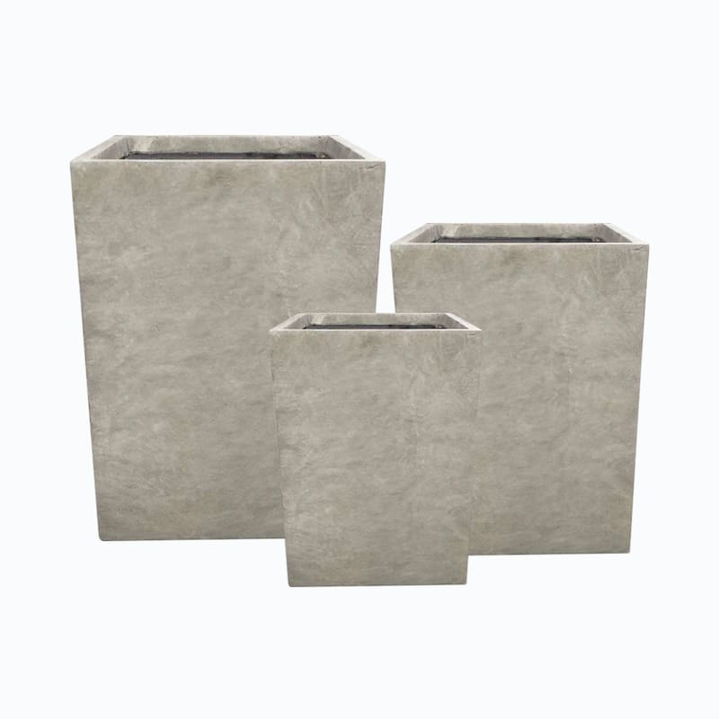 Kante Set of 3 Lightweight Modern Square Outdoor Planters, 19, 16 and 13 Inch Tall, Weathered Concrete - 13"W x 13"L x 19"H
