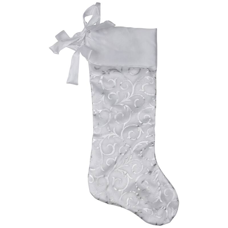 19in White and Silver Filigree Christmas Stocking with Bows