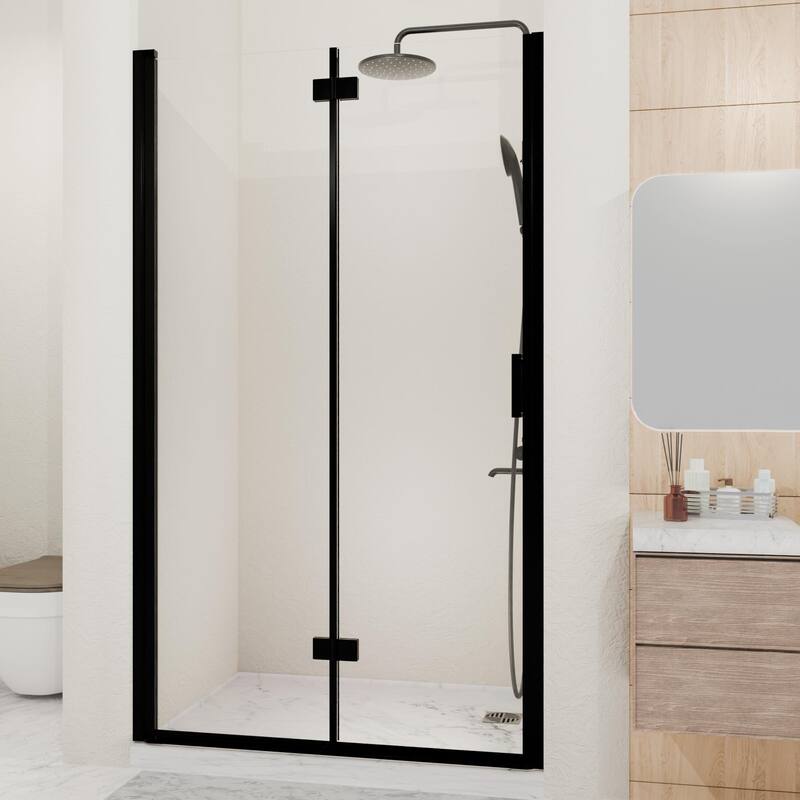 GDFStudio - Marlowe Space-Saving Folding Pivot Shower Door with Tempered Glass and Flexible Installation - Matte Black