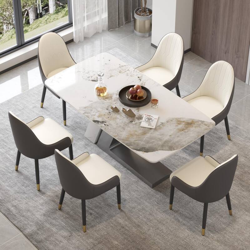 Slate Dining Table Faux Marble Table with Z shape Stainless Steel Pedestal - 70.87" - Off White
