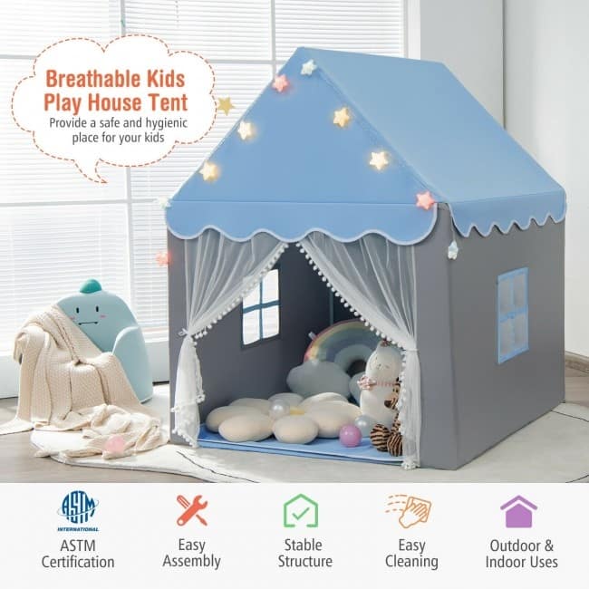 Kids Playhouse Tent with Star Lights and Mat-Blue - 41.5" x 48" x 53.5" (L x W x H)