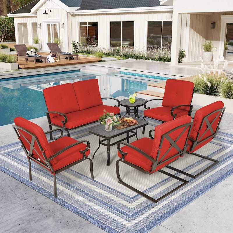 SUNCROWN 7-Piece Outdoor Metal Furniture Conversation Patio Set - Red