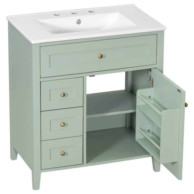 30-Inch Bathroom Vanity with Sink, Modern MDF and Rubberwood Cabinet with 3 Drawers and Adjustable Shelf, Freestanding